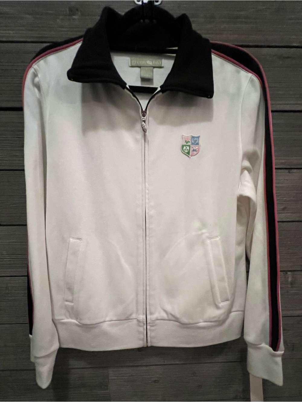 Green Tea Retro White Zip Track Jacket with Black Collar and Pink Stripe